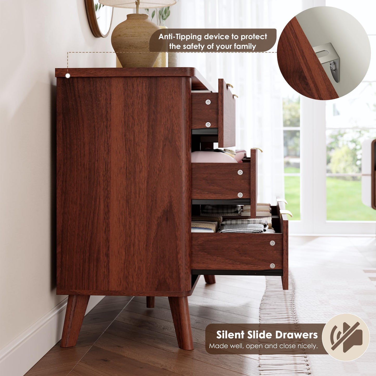 GarveeHome Fluted Dresser for Bedroom with 6 Deep Drawers, 47.2 in Wide Modern Chest of Drawers, Wooden Dresser TV Stand, Curved Profile Design, for Living Room, Kids Room, Hallway, Walnut