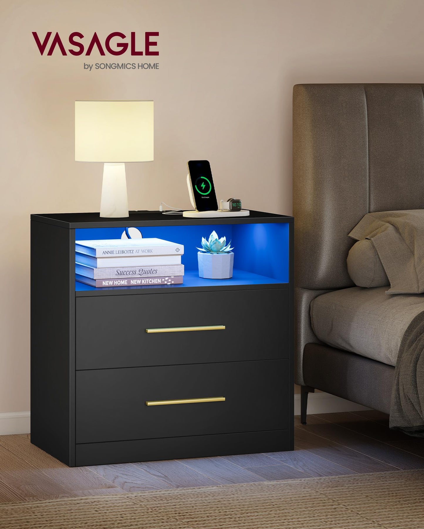 VASAGLE Custos Collection - 23.6 Inch Wide Nightstand with Charging Station, LED Lights, Modern Night Stand, Side End Table with Drawers, Open Shelf, 2 AC Outlets USB Ports, Ink Black ULET639BC01S
