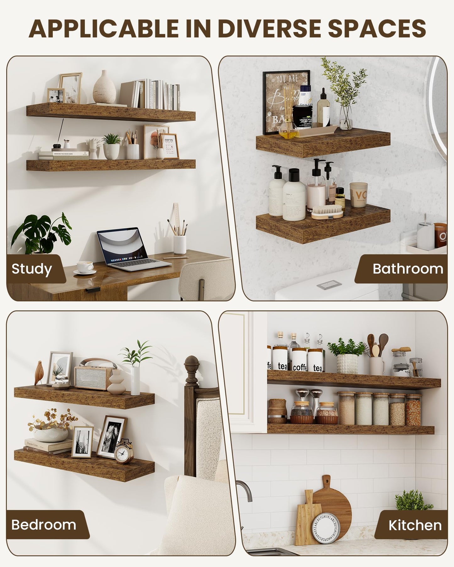 Marsmiles 72" Floating Shelves for Wall, Wooden Shelves with Invisible Brackets Set of 2, Rustic Farmhouse Wall Mounted Shelf for Kitchen Bathroom Living Room Study, Rustic Brown