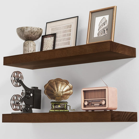 Axeman Floating Shelves, 2 Pack 8 Inch Deep Rustic Solid Wood Wall Shelves for Storage, Wall Mounted Display Shelving with Invisible Heavy-Duty Metal Bracket, 24" W x 8" D x 1.57" H, Walnut Finish