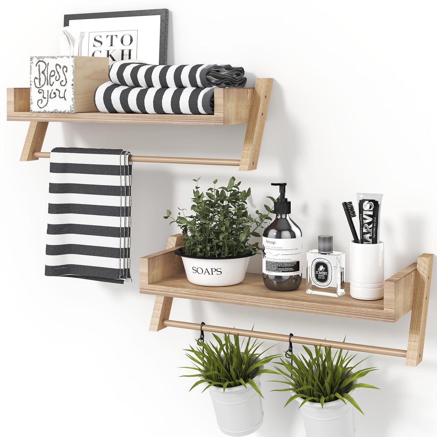 Sumbame Set of 2 Bathroom Shelves Over Toilet,U-Shaped Hanging Shelves for Wall with Towel Bar,Storage Room Shelves,Farmhouse Wooden Shelf for Bathroom,Kitchen,Living Room,Bedroom (Carbonized Black)
