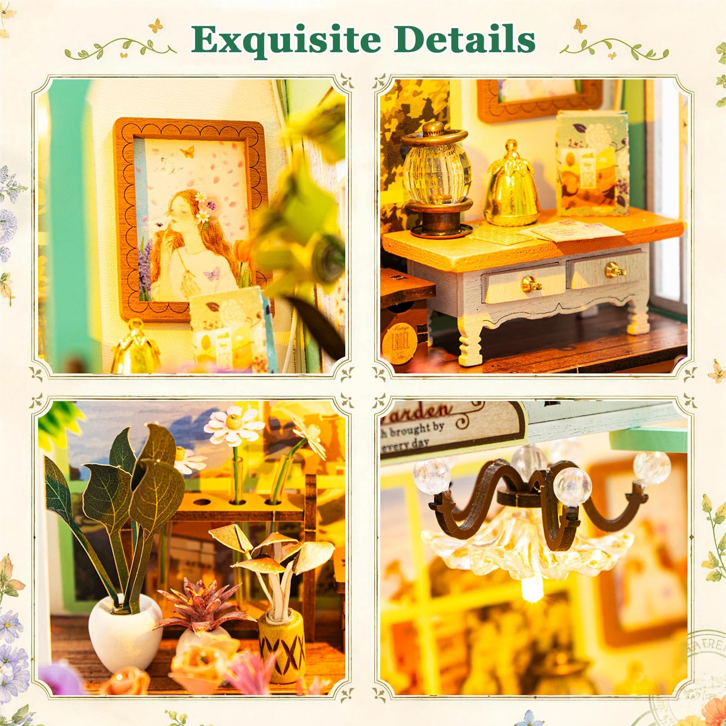 Hallisun DIY Miniature House Kit, Alice Garden Tiny 3D Wooden House Making Set for Adults, Dollhouse Bookshelf Decor with Furniture & LED Lights, Christmas Birthday Greenhouse Craft Gift for Friend