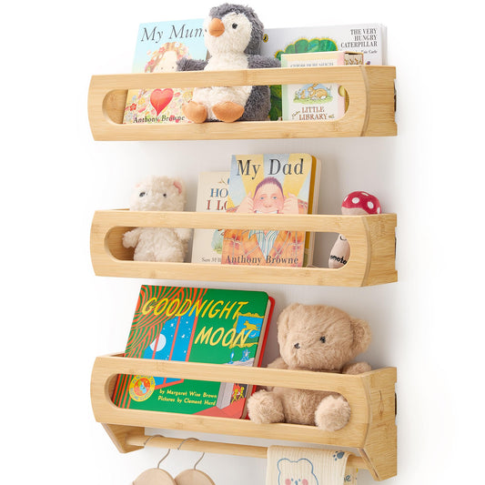 Homewisp Nursery Shelves for Wall, Premium Bamboo Wood, Fully Assembled - Nursery Book Shelves, Book Shelf for Kids Rooms, Multi-Use Floating Shelves for Wall, Set of 3 (Natural, 16.5 Inches)