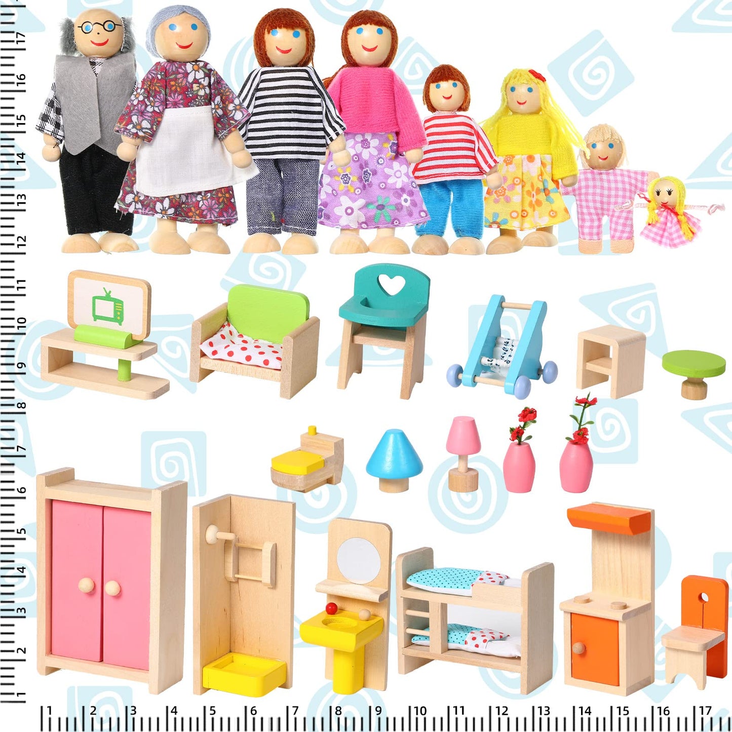 Civaner 52 Pcs Wooden Dollhouse Furniture Set Including 8 Family Dolls Miniature Doll House Accessories 1:12 Scale 5 Space Kits Bathroom Bedroom Living Room Dining Room Kitchen Gift for Christmas