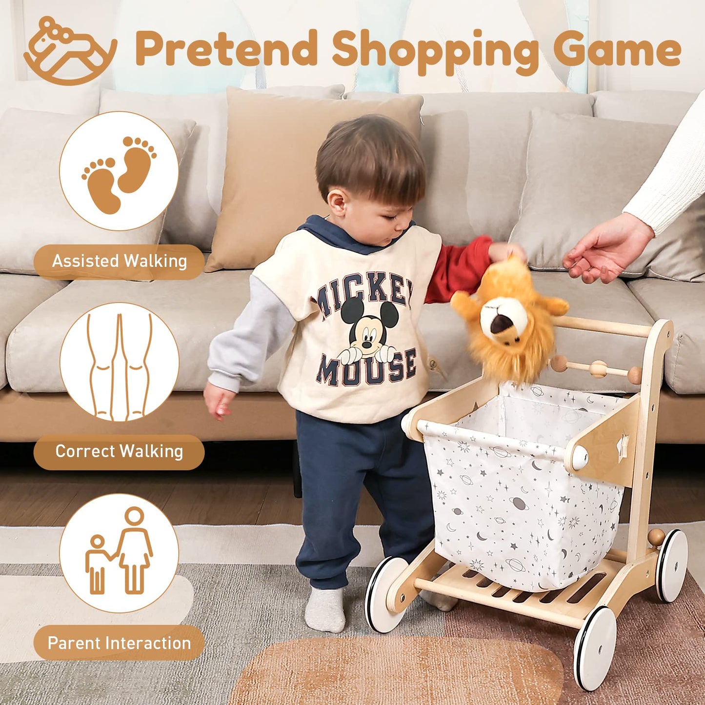 Woodtoe Wooden Baby Walker Doll Stroller, Adjustable Speed Shopping Cart for Toddlers 1-3, Baby Push Walker, Pretend Play Grocery Wagon, Baby Push Toys, Montessori Birthday Toy Gift for 1 2 3 Year Old