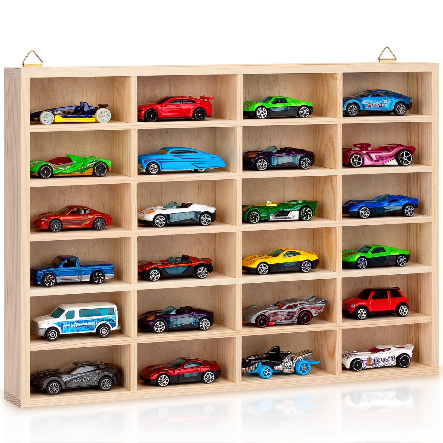 Stylish Wood Toy Cars Display Case, Wall-Mountable Organizer for Toy Cars and Matchbox Cars, Includes Hanging Screws (Wood-24 Slots)
