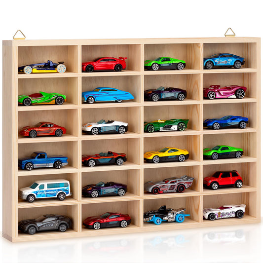 Stylish Wood Toy Cars Display Case, Wall-Mountable Organizer for Toy Cars and Matchbox Cars, Includes Hanging Screws (Wood-24 Slots)