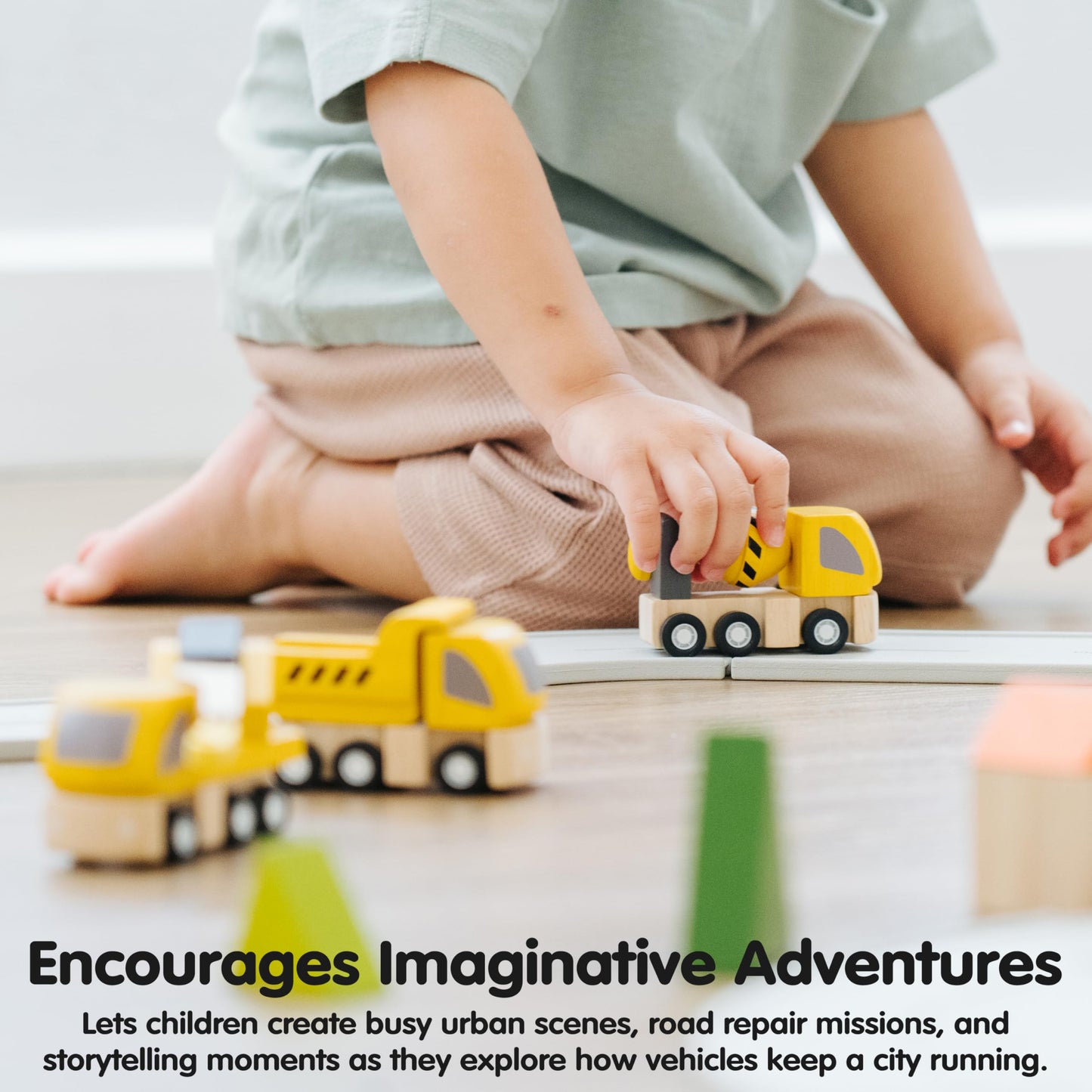 PlanToys® Highway Maintenance Wooden Montessori Vehicle and Imaginative Play Set | Creativity, Language and Social Skill Building Activity | Eco Friendly Construction Truck Set