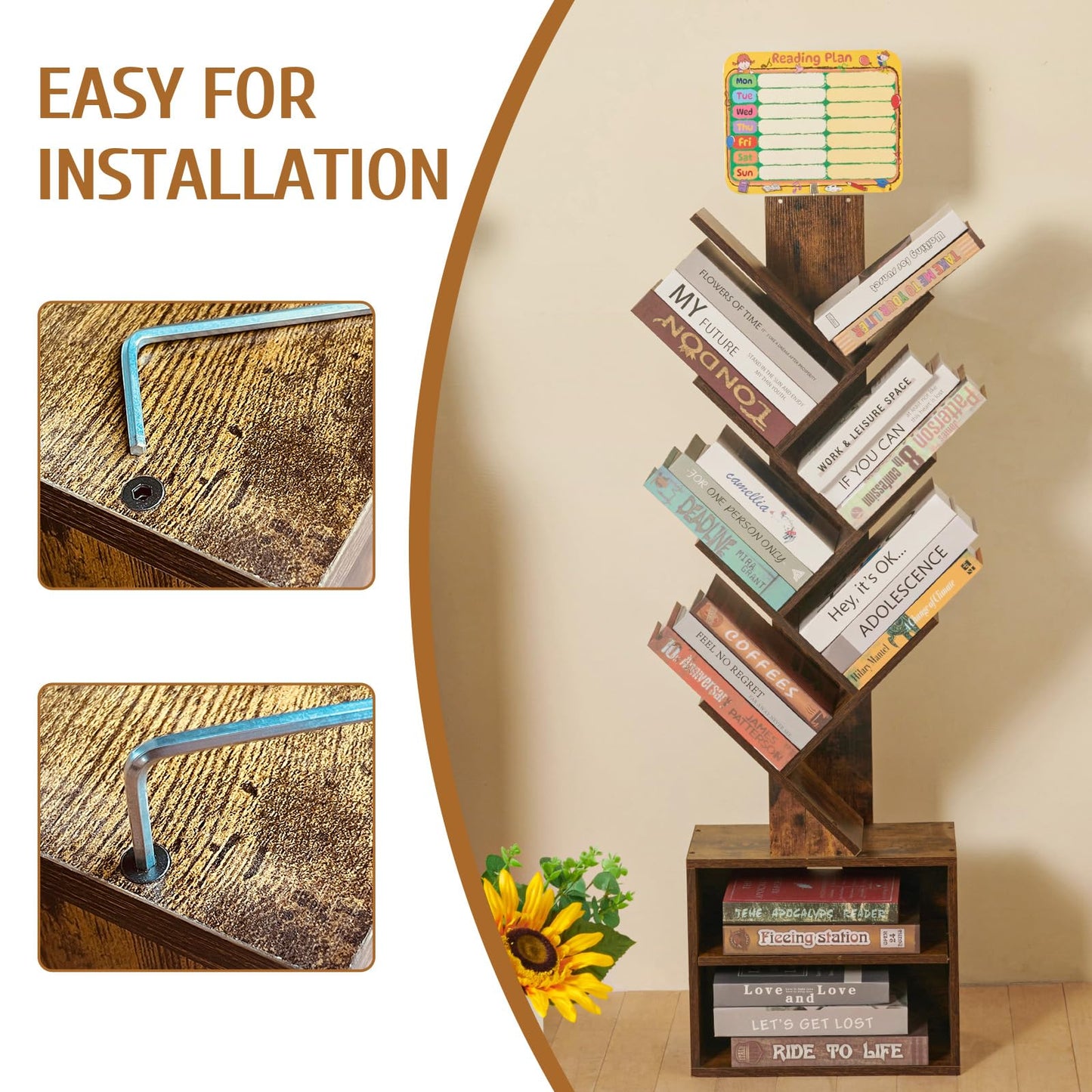 7 Tier Tree Book shelf, Small Bookcase with Reading Planner and Activity Panel, Modern Floor Standing Corner Tall Narrow Storage Cabinet Bookshelves for Home Office Bedroom Living Room (Rustic Brown)