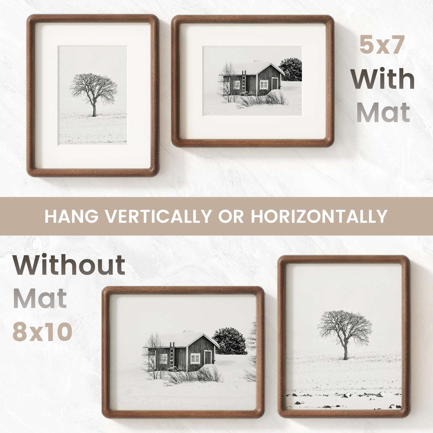 Venusmiles 8x10 Picture Frame, USA-Sourced Natural Walnut Wood Photo Frame with Tempered Glass, Handcrafted Rounded Corner 8 x 10 Wooden Frame Matted to 5x7 Photo, Wall or Tabletop Display