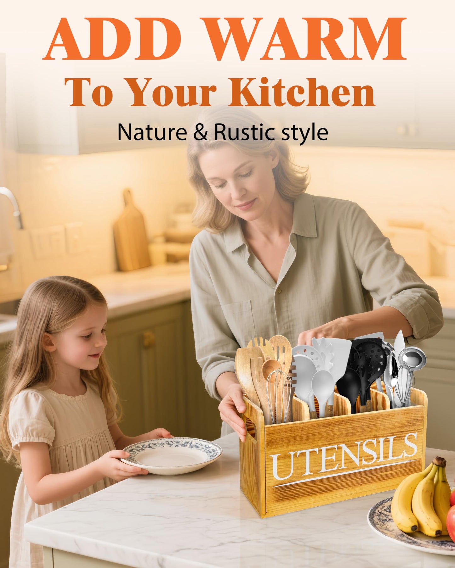 brekle Kitchen Utensil Holder for Kitchen Counter Large Wooden Organizer for Cooking Utensils Utensil Holder Counter Farmhouse Décor (Farmhouse Wooden)