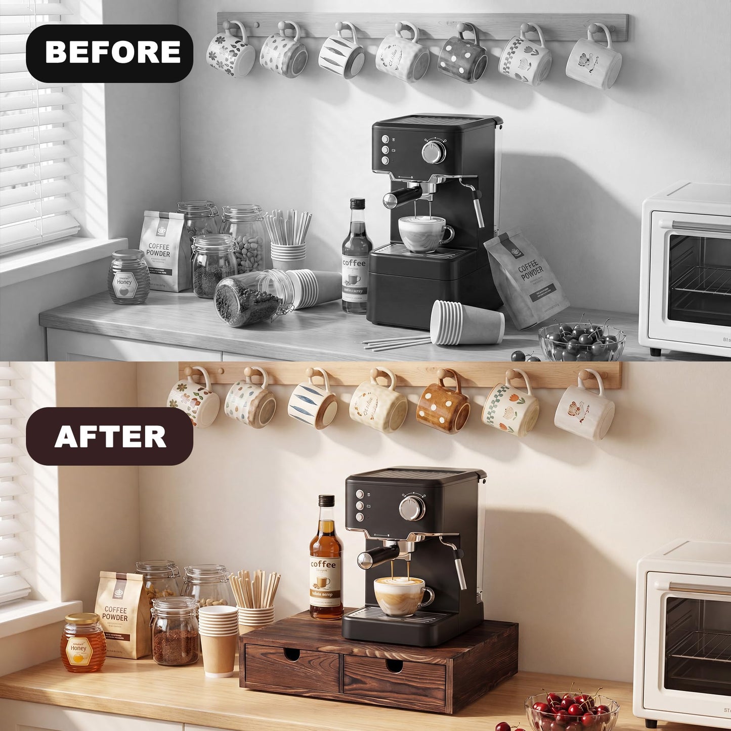 Wooden Coffee Pod Organizer with 2 Drawers, Countertop K-Cup Holder Drawer for 30 Pods, 2-in-1 Coffee Maker Stand + Storage Drawers, Coffee Pod Storage Perfect for Coffee Bar, Office & Home Kitchen