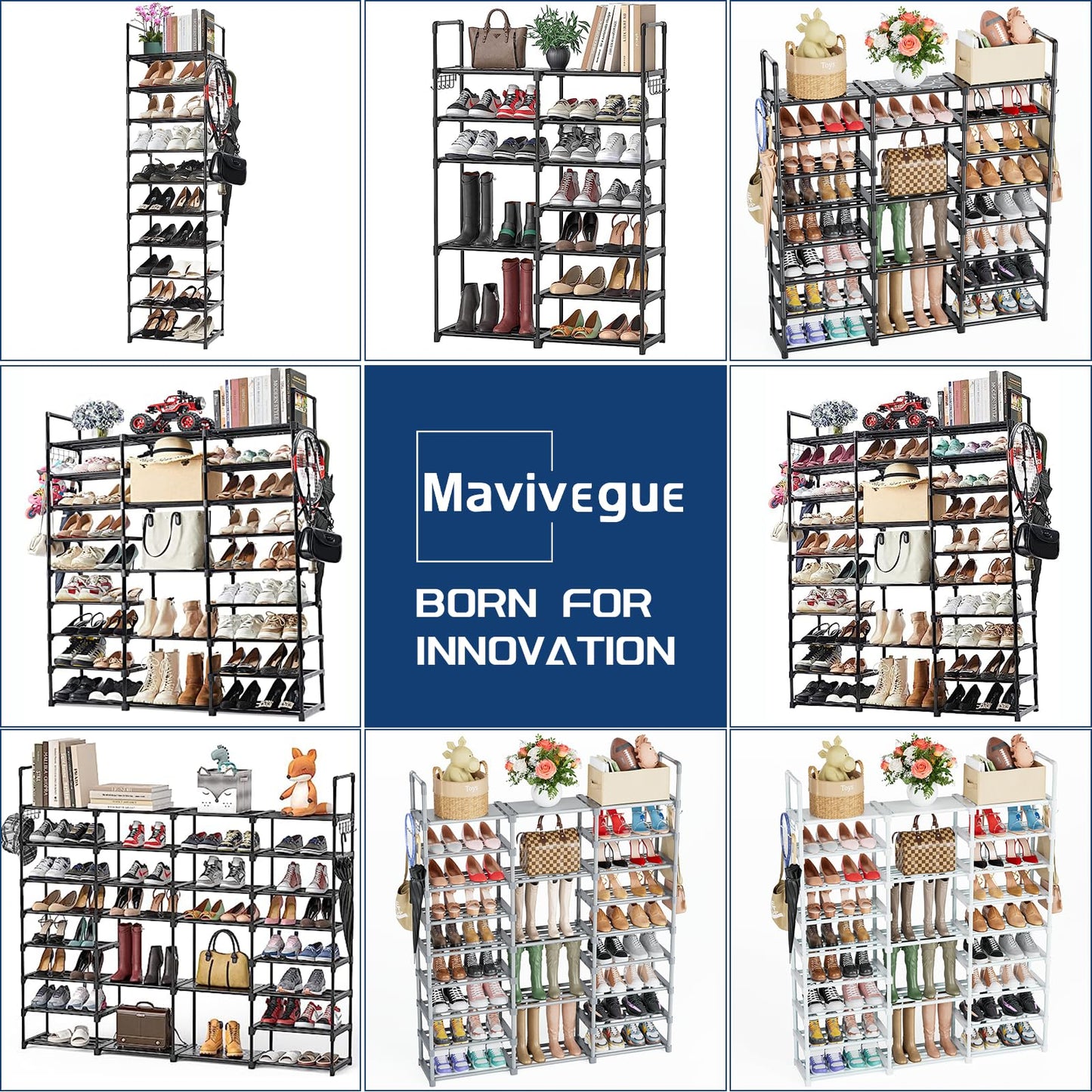 Mavivegue 10 Tiers Shoe Rack Tall Shoe Organizer Shoe Storage 55-65 Pairs Vertical Shoe Shelf Large Shoe Rack Organizer Stackable Shoe Racks for Entryway, Closet, Garage, Bedroom,Cloakroom -Black