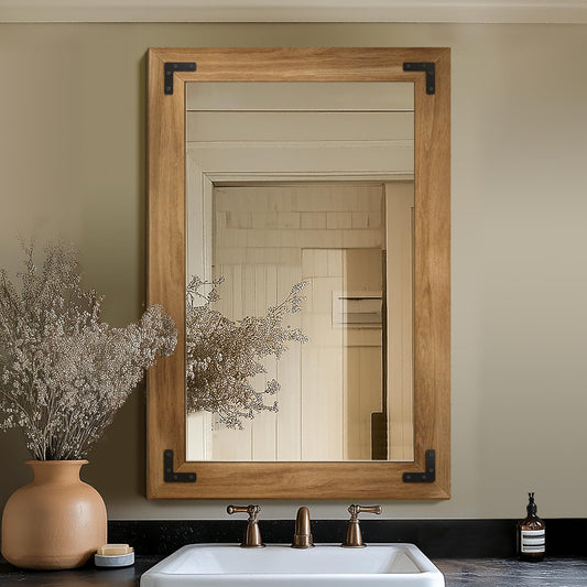 Bathroom Mirror for Wall with Wooden Frame, 36"x24" Solid Wood Vanity Mirror for Farmhouse, Bathroom, Bedroom Decor, Vertical or Horizontal Hanging