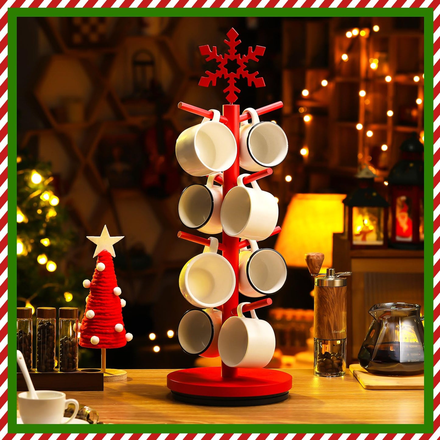 DoubleFill Christmas Tree Coffee Mug Holder 8 Hooks Snowflake Mug Holder for Countertop Snowflake Cup Rack Wood Christmas Tree Display for Kitchen Coffee Accessories