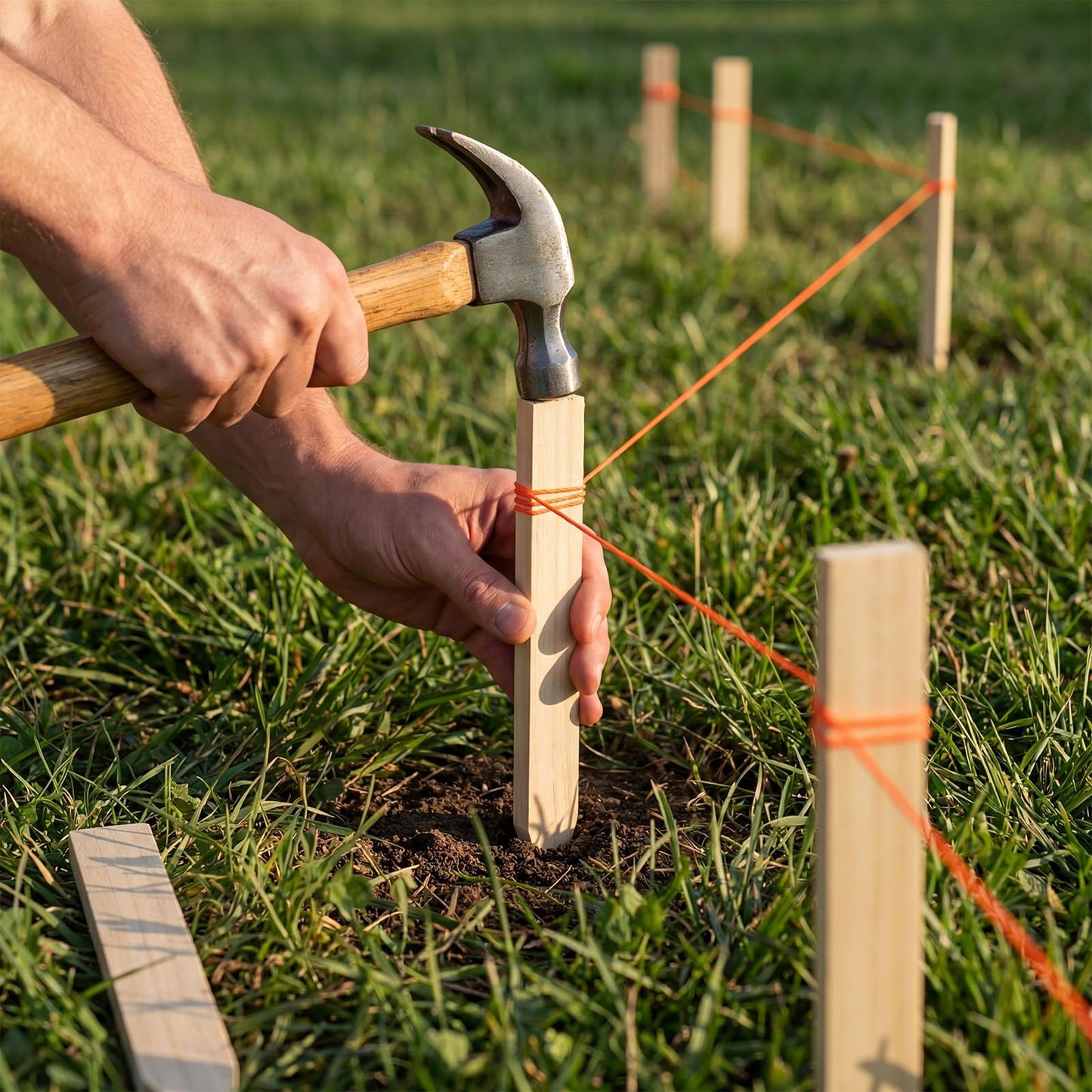 ElaraBerry 48 Pcs Wooden Garden Stakes 1 Roll Orange Mason String Line Set 500 ft #18 Braided Nylon Construction String 12 Inch Grade and Survey Stakes for Masonry Garden Surveying Plant Support Fence
