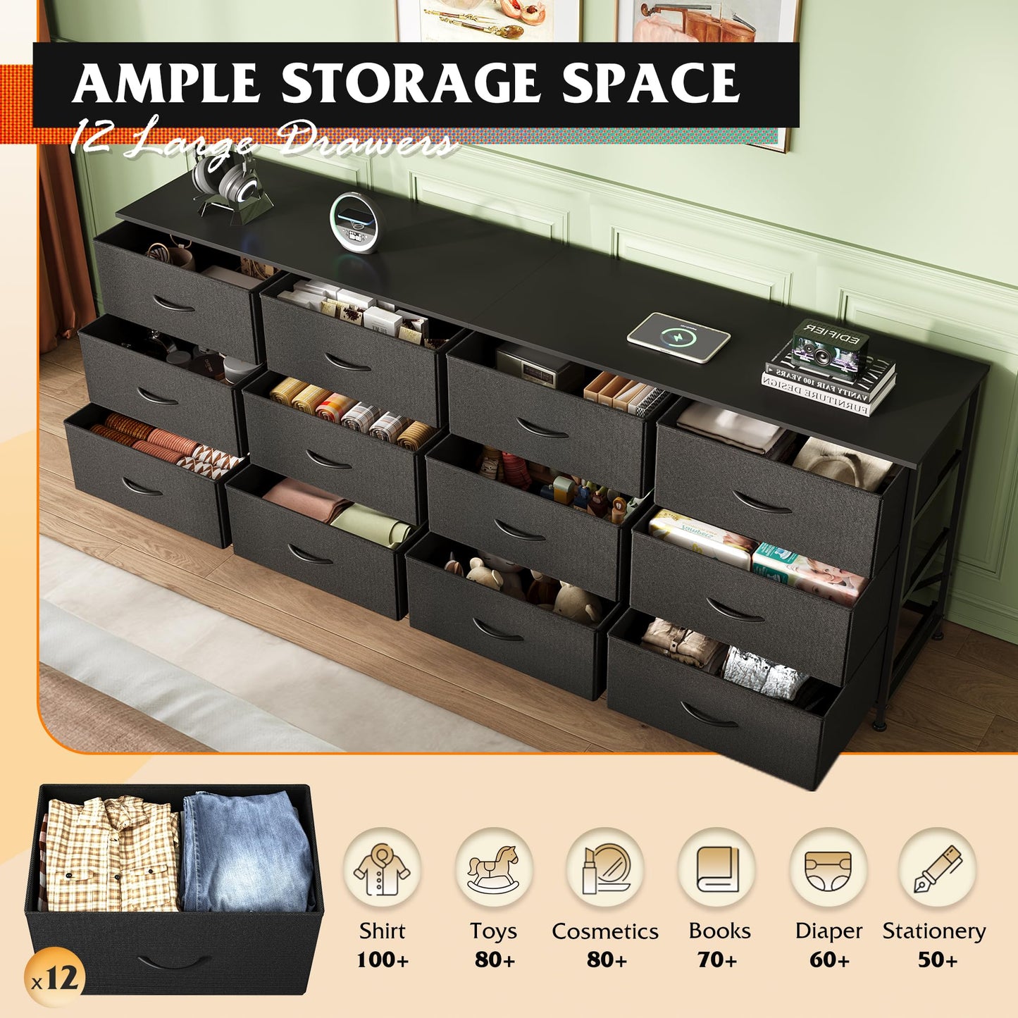 WLIVE 75.5'' Black Dresser for Bedroom, TV Stand for 85, 80, 75, 65 Inch TV, 12 Drawer Long Fabric Dresser with Wood Top, Wide Entertainment Center Storage Chest for Living Room, Closet