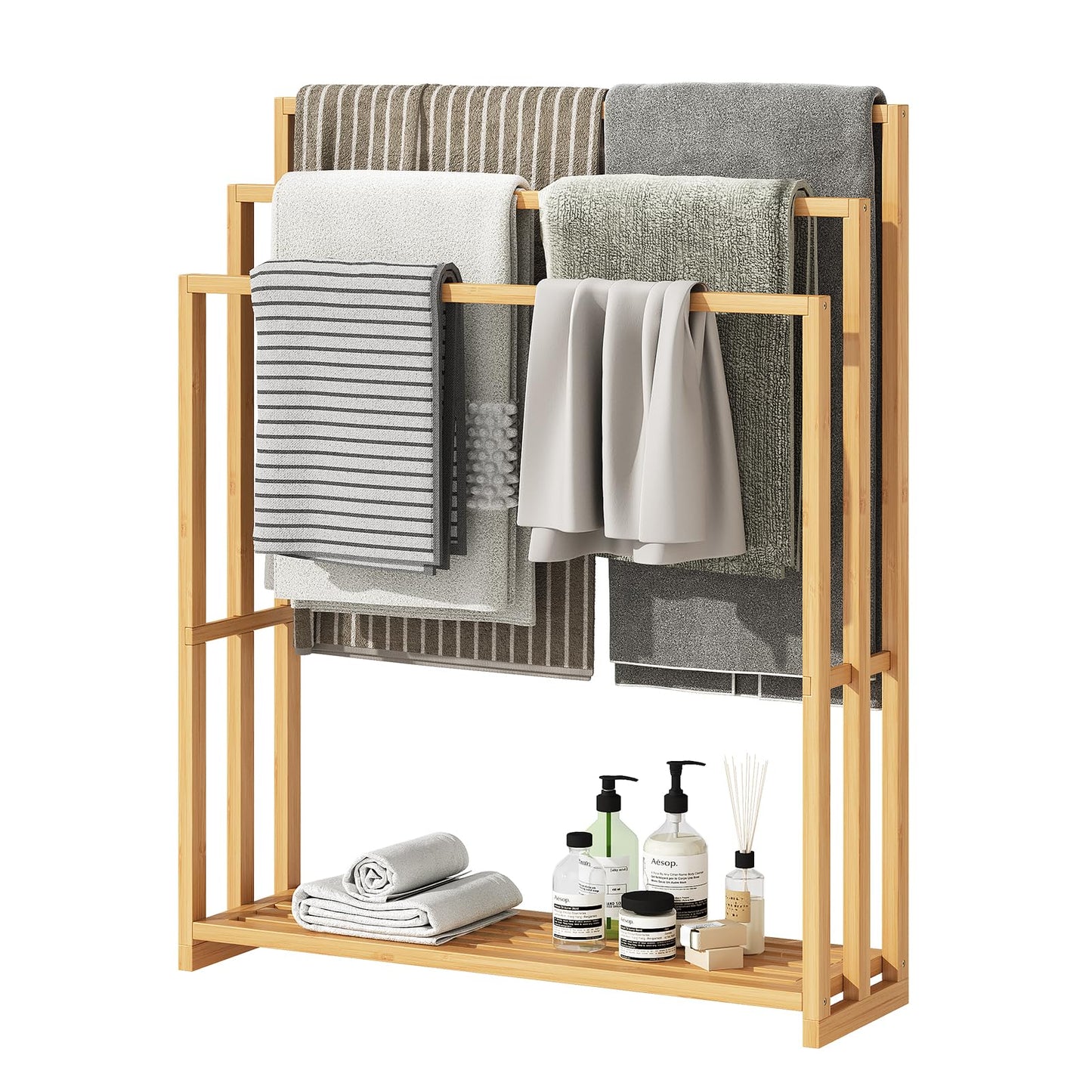 oakvivo Free Standing Towel Rack, 3 Tier Bamboo Blanket Rack for Bathroom, Blanket Drying and Display Racks with Shelf, Blanket Holder for Oversized Bath Towels (Natural)