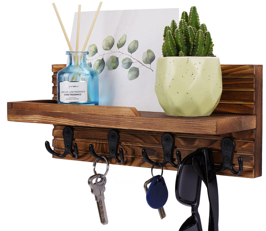 WeBravery Decorative Key Hanging Rack with 4 Double Hooks – Easy Install Natural Wooden Key and Mail Holder for Wall Mount – Entryway Decor Rack with Shelf (Brown)