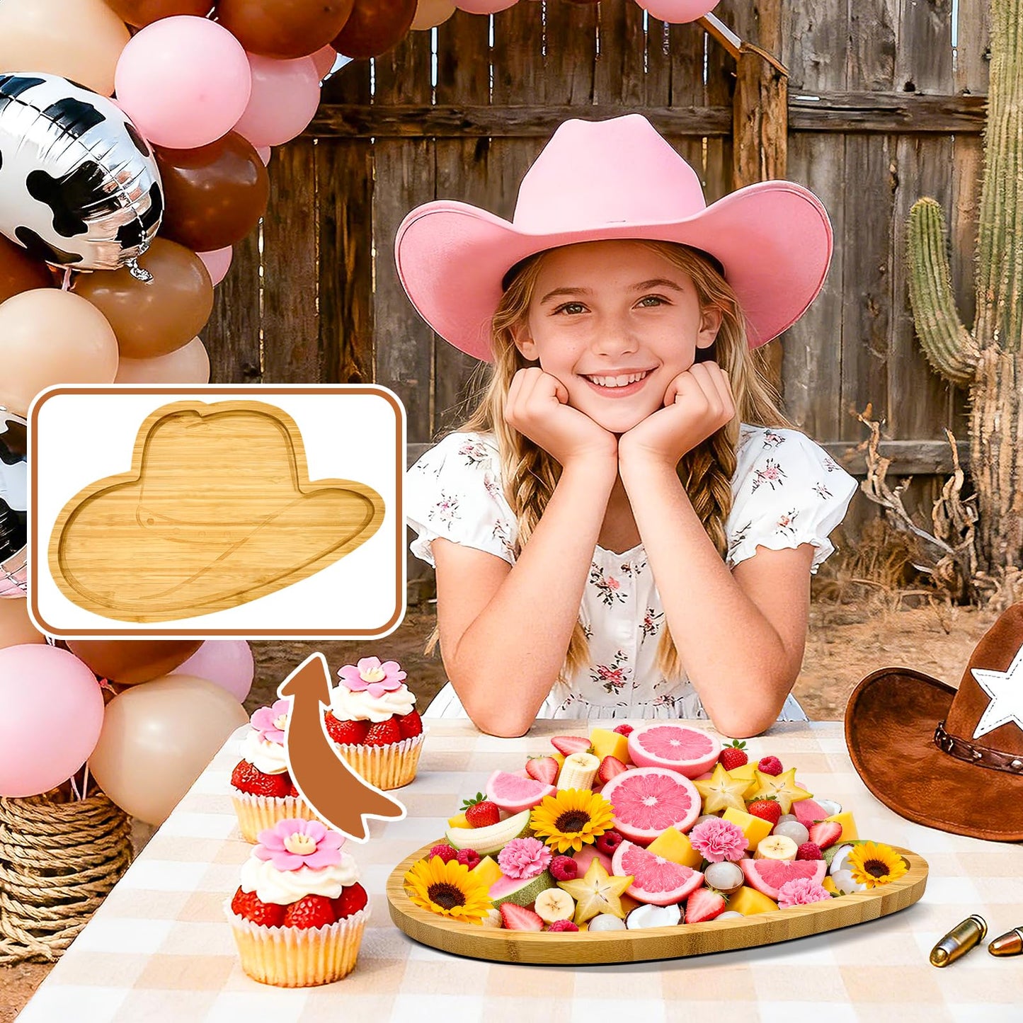 1Pcs Wooden Cowboy Baby Shower Party Decoration Hats Charcuterie Board First Rodeo Birthday Plates Cowgirl Serving Trays Reusable Fillable Food Platter for Western Gender Reveal Tabletop Supplies