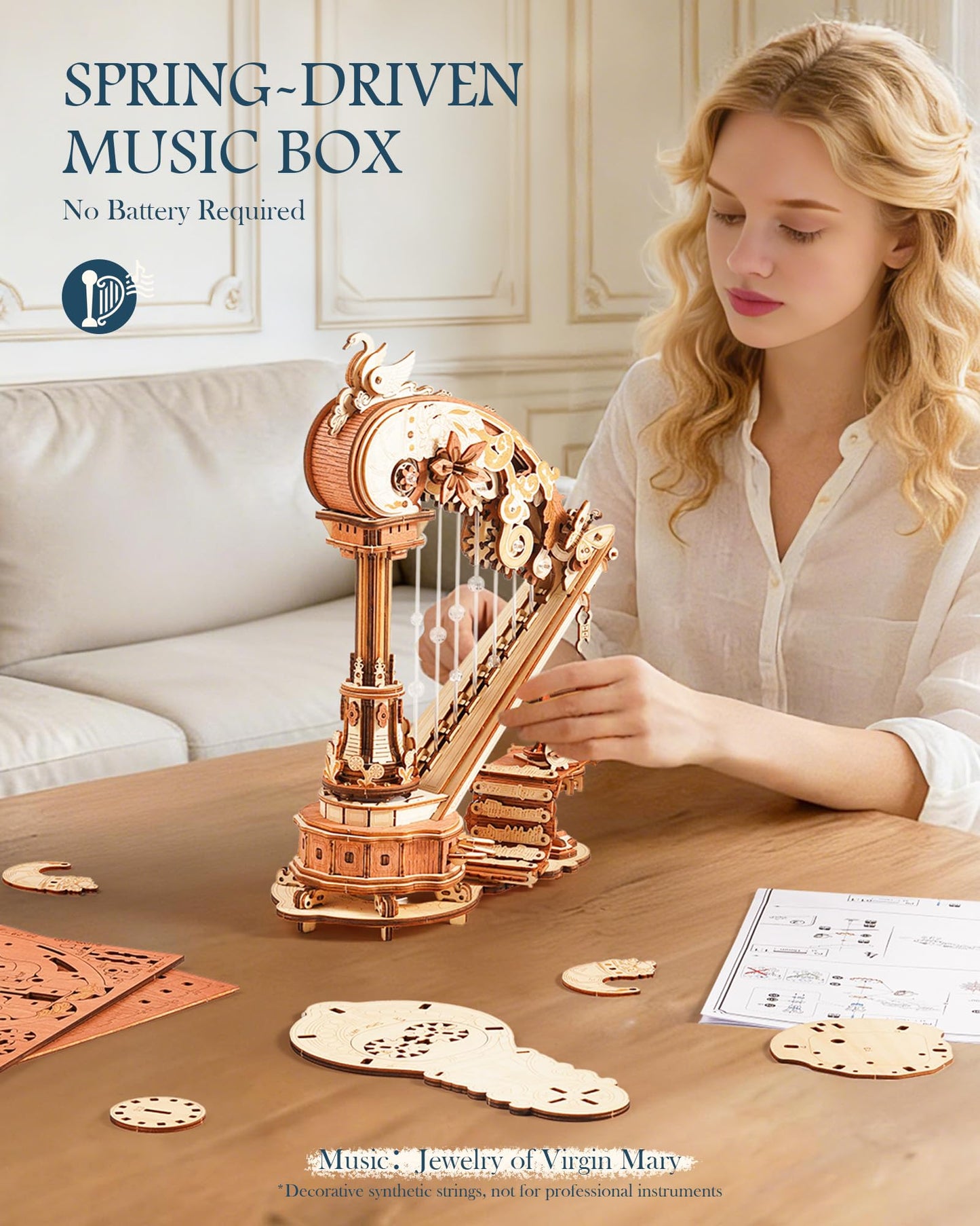 ROKR 3D Wooden Puzzle Harp Music Box, Building Model Kit with Mechanical Movement, Gift for Adults Women, Elegant Home Decor for Desk & Shelf