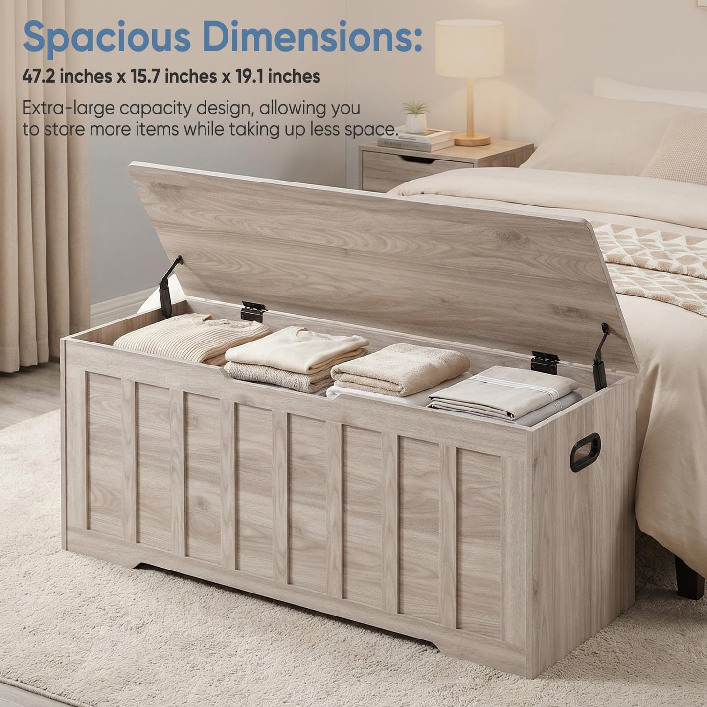DUMOS 47.2" Extra Large Wooden Storage Chest Trunk Bench with Gel Safety Hinges, 150lbs Heavy Organizer, U-Cut Handles, Non-Slip Base, Bedroom Living Room Entryway, Grey