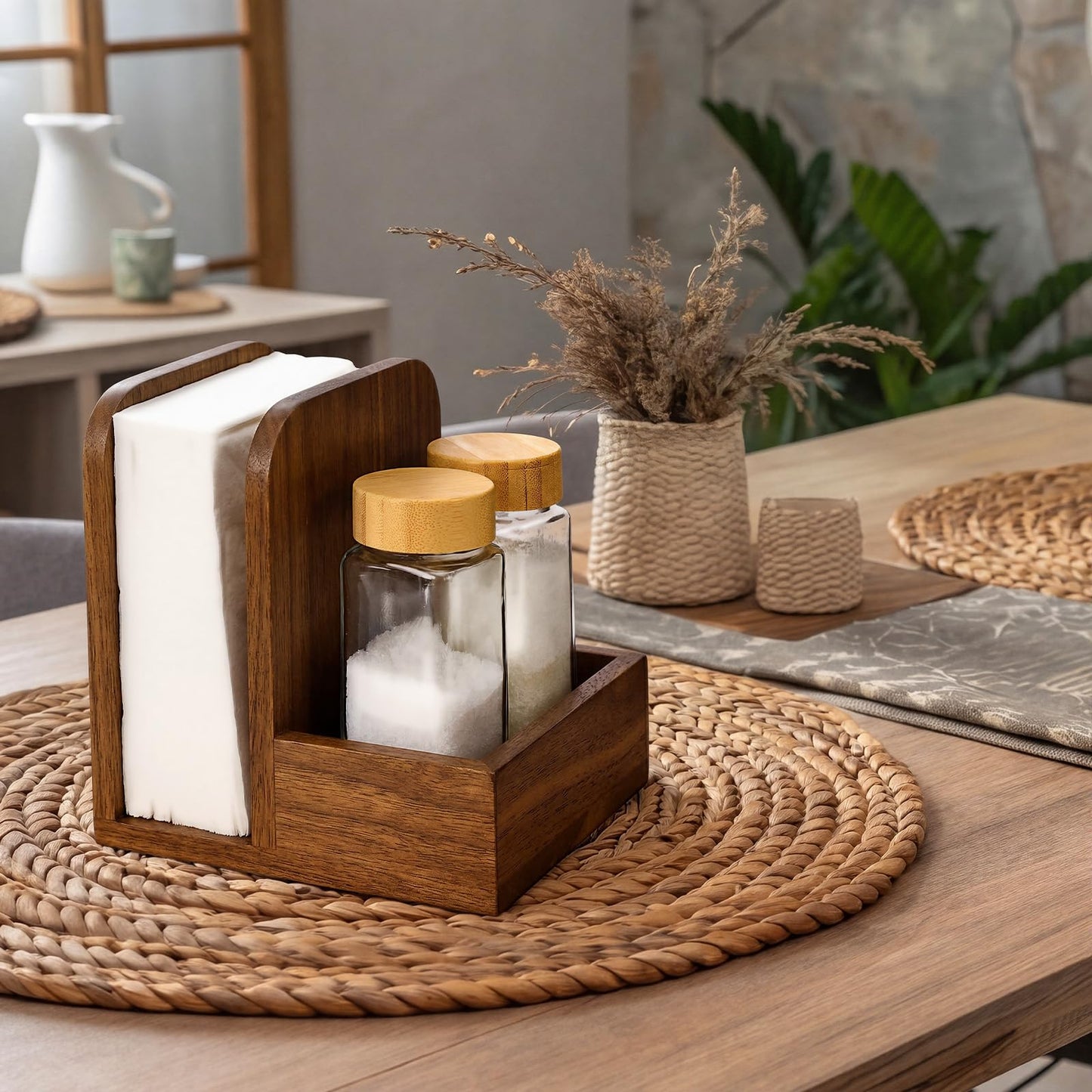 Mifoci 2 Pcs Acacia Wood Napkin Holder for Table Farmhouse Wooden Napkin Holder with Salt and Pepper Shakers Condiment Caddy Standing Paper Storage Centerpiece for Kitchen Dining Table Decoration