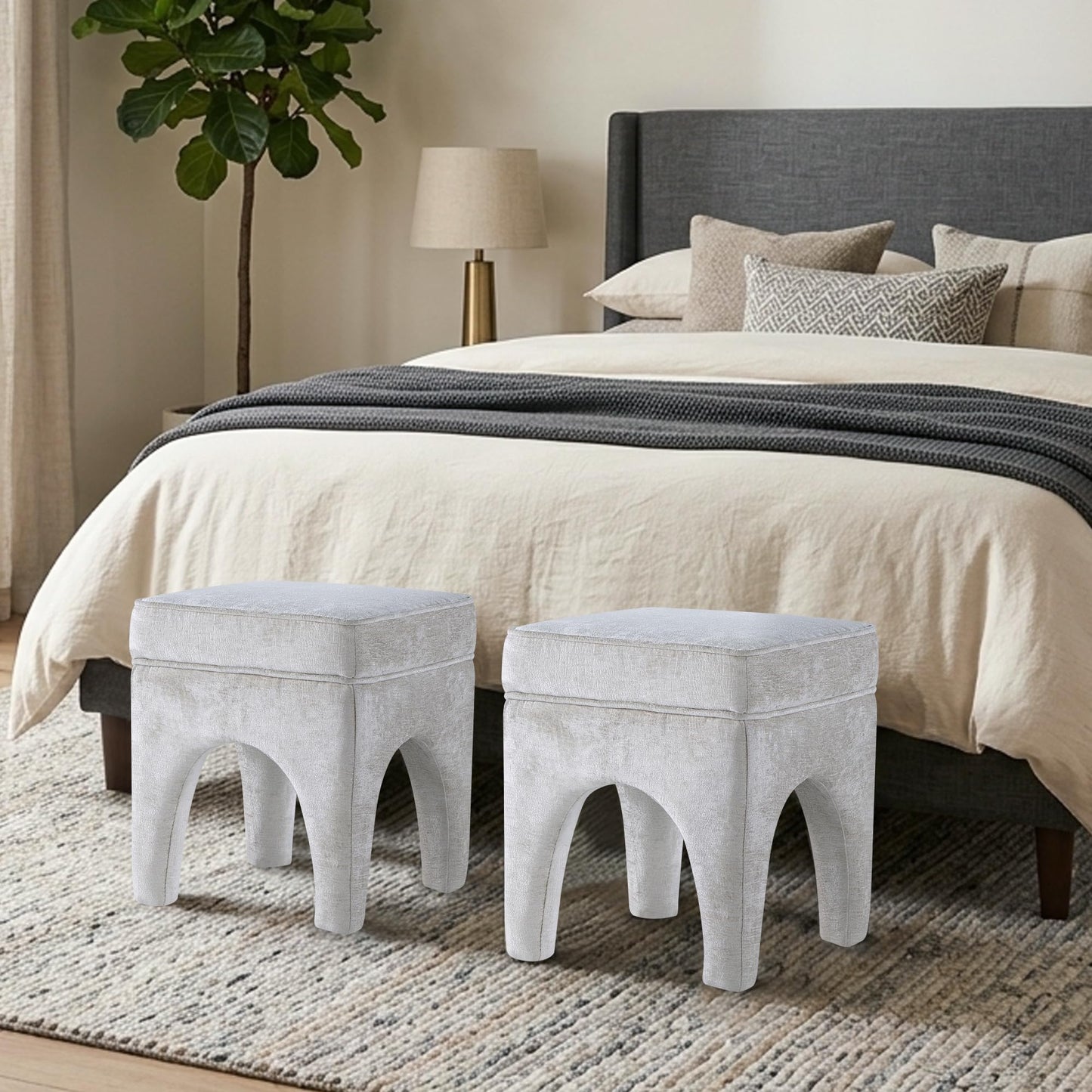 Get Set Style Upholstered Textured Woven Accent Stool, Arched Solid Wood Leg Ottoman Foot Rest, Square Decorative Bench for Living Room Entryway Bedroom (Ivory)