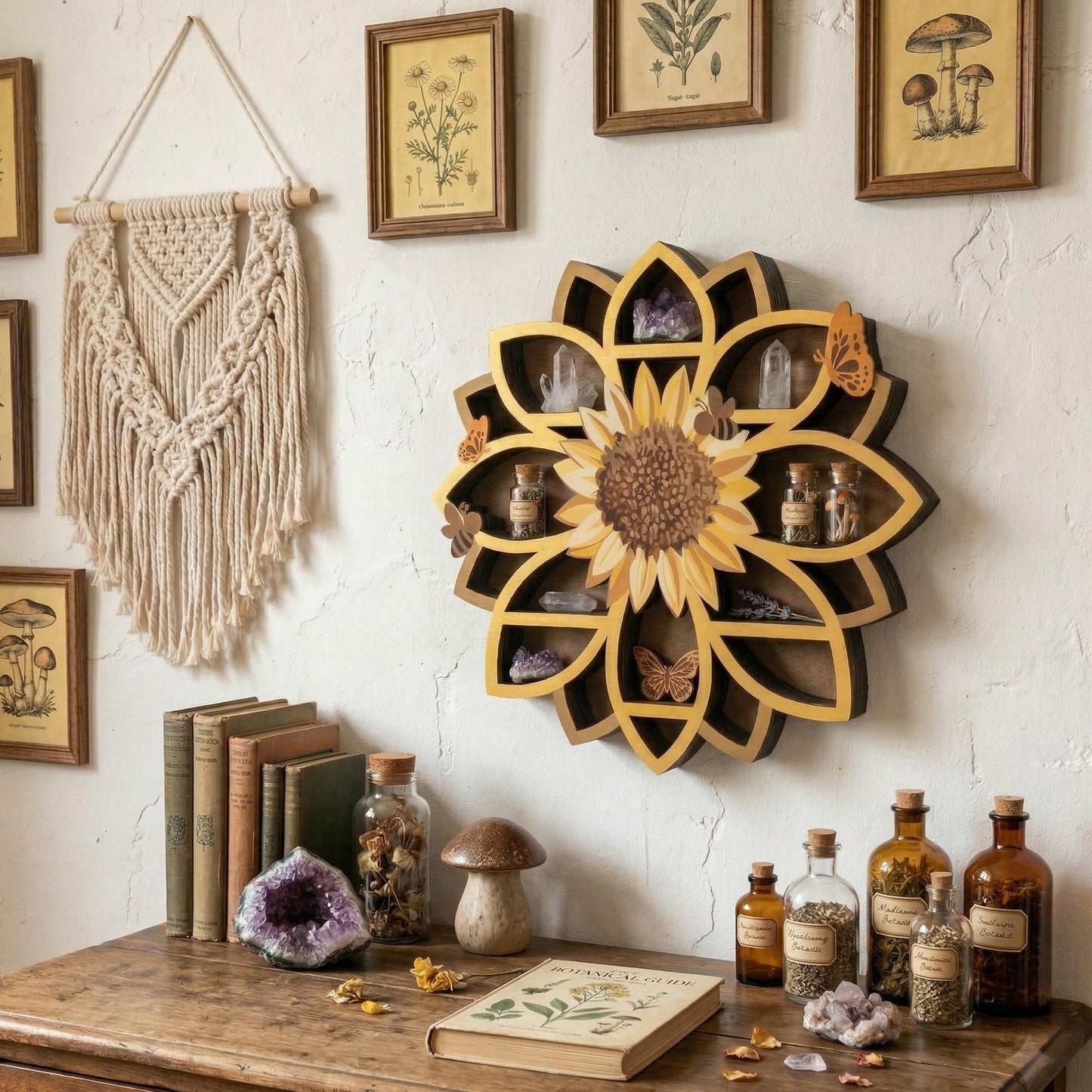 Sunflower Gifts Sunflower Decor Wall Shelf for Women with Lifelike Flower & Bee Accents, Wooden Floating Shelves Trinket Crystal Display Shelf Boho Decor for Home Bedroom, Birthday Gift for Her