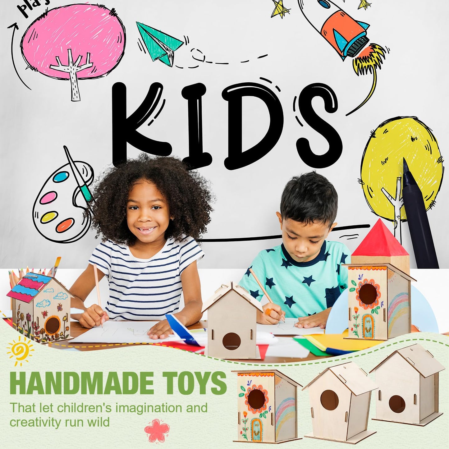 DoubleFill 24 Pcs Bulk Wooden Bird Houses Kits for Kids Mini Bird House for Craft DIY Unfinished Wood Birdhouse to Paint, Build for Children Wooden Arts Classroom Activity, 3 Styles