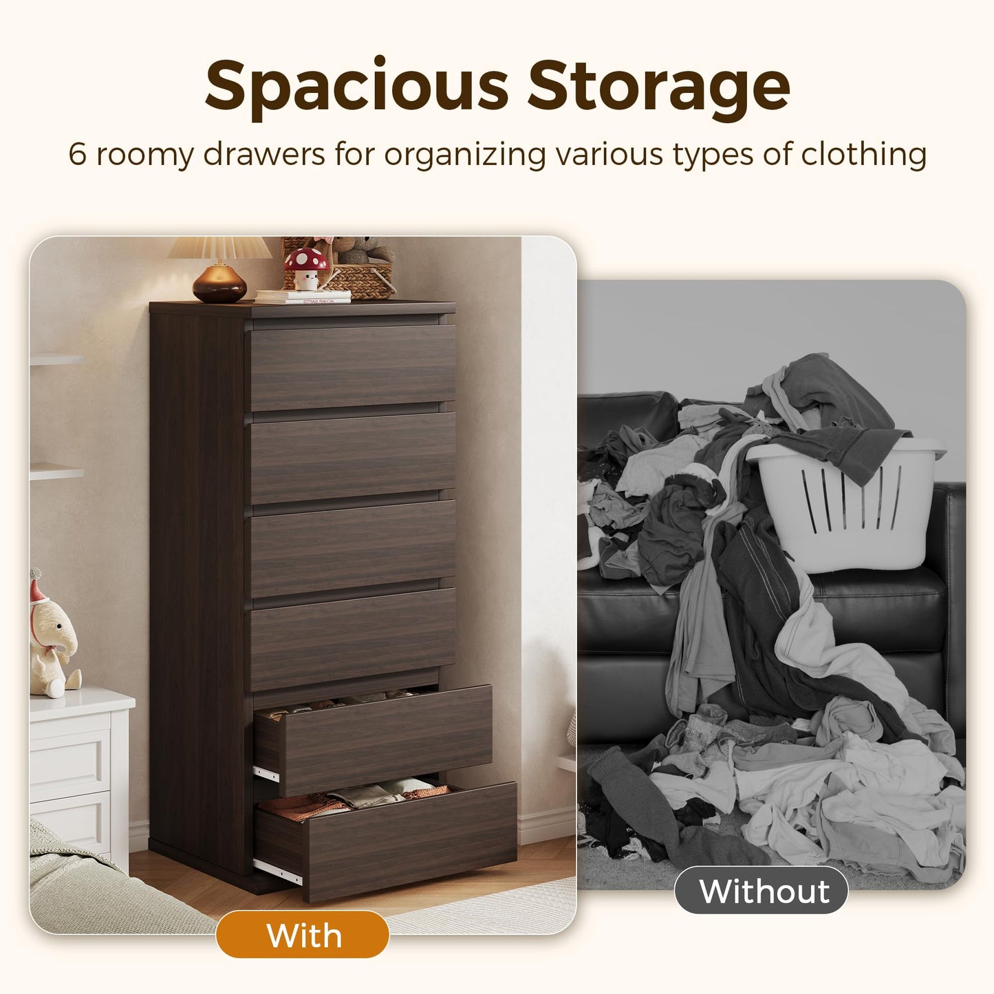 Brown Dresser, 6 Drawer Dresser for Bedroom, Wooden Chest of Drawers with Handleless Drawers, 19.7" W x 15.7" D x 47.2" H Vertical Tall Dresser, Storage Dressers for Living Room, Hallway and Office