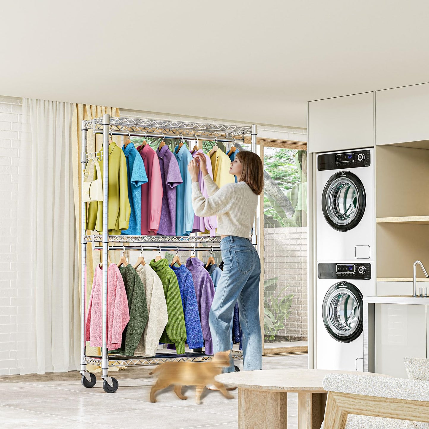 M MZG Heavy Duty Rolling Garment Rack 3 Tiers Adjustable Wire Shelving Clothes Rack with 2 Rods and Side Hooks,Storage Closet Clothing Rack with Wheels Chrome 15.7" D x 45.3" W x 79.6" H