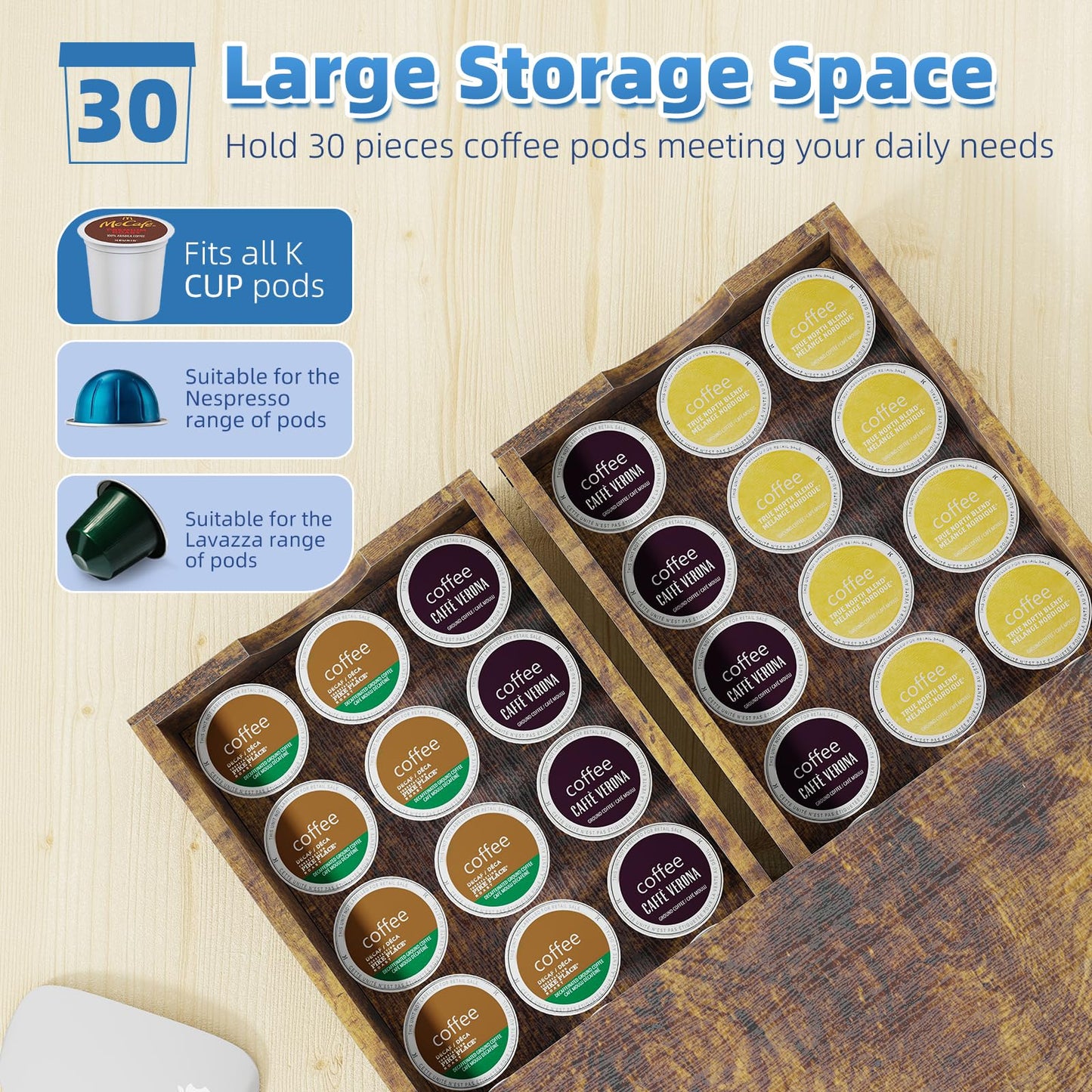 Simple Trending Wooden Coffee Pod Holder Drawer, K Cup Drawer Organizer, Coffee Pod Storage Box Compatible with Nespresso Vertuo Capsules for Coffee Station, Office, 30 Pod Capacity