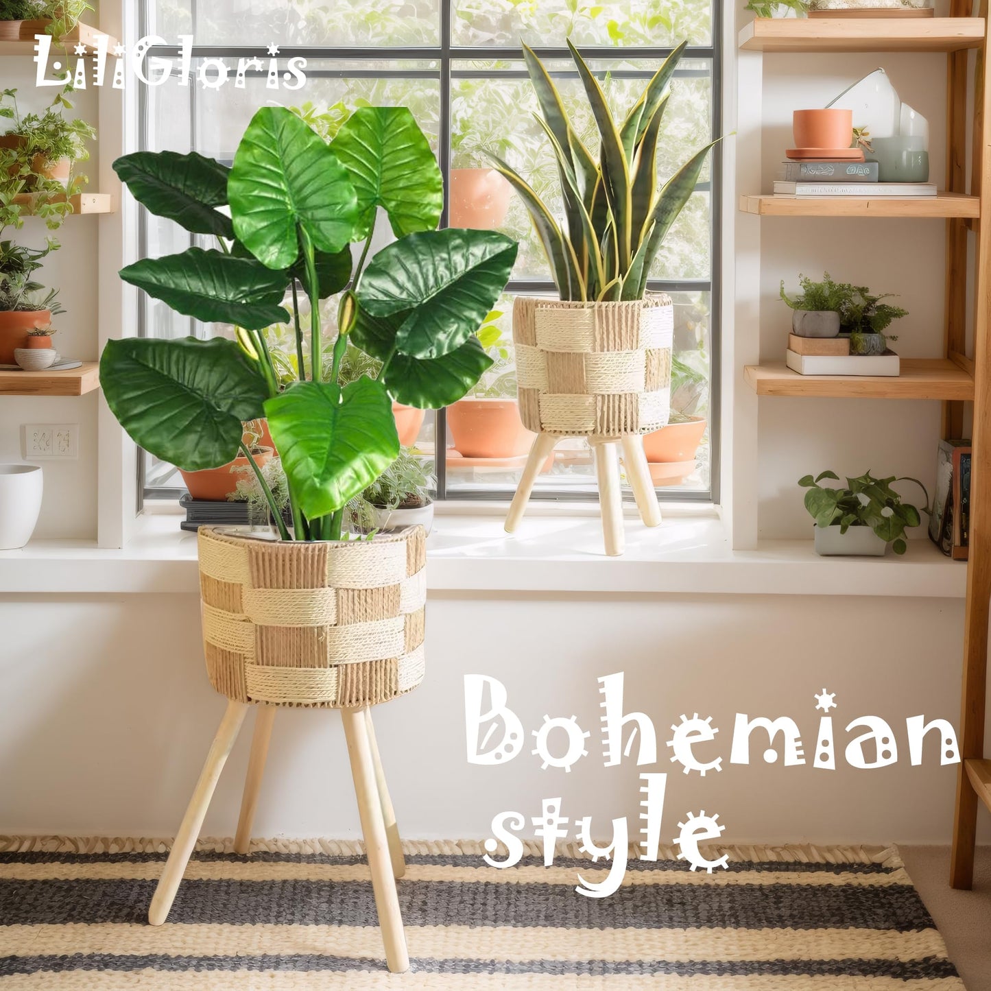 LiliGloris Boho Rattan Plant Stand Set of 2 – Handwoven Wicker Mid-Century Modern Floor Planter Stand for Indoor Plants, Large Farmhouse Decor, Sturdy Wood & Rope Design, Housewarming Gift
