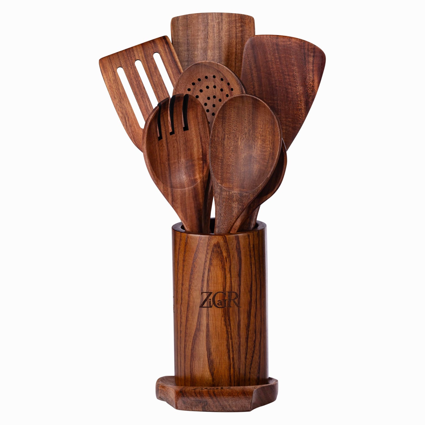 Wooden Spoons for Cooking - 9 Pieces Natural Teak Wood Kitchen Utensils Set with Utensil Holder & Spoon Rest - Durable Heat Resistant, Safe, Smooth Curved Grip - Non-Scratch & Non-Stick Spatula