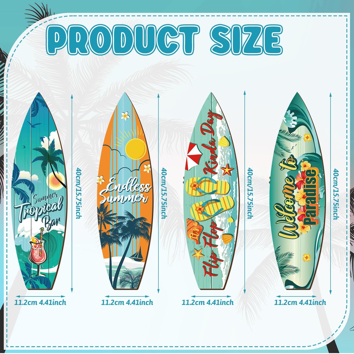 Tatuo 4 Pcs Surfboard Decor Hawaiian Wooden Beach Wall Decor Tiki Tropical Bar Decorations Surfboard Wall Hanging Sign Gifts for Home Aloha Birthday Party(Summer,15.75 x 4.41 x 0.2 Inch)