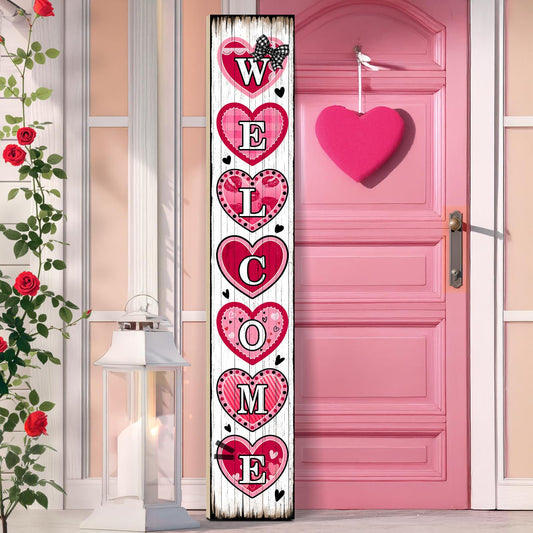 Valentine’s Day Welcome Porch Sign 47.2" Valentine Heart Wooden Welcome Sign Pink Vertical Standing Outdoor Porch Decor for Home Front Door Yard Farmhouse Hanging Romantic Decoration