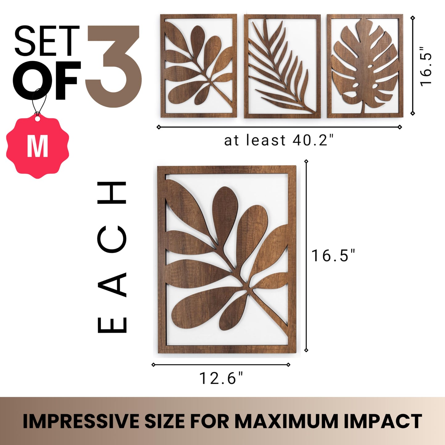 qmmp Modern Wooden Wall Sculptures - Set of 3 - Home Decor Accent - Large Wall Art for Living Room, Bedroom, Office - Easy Installation (Walnut, Medium - Tree Leaves)