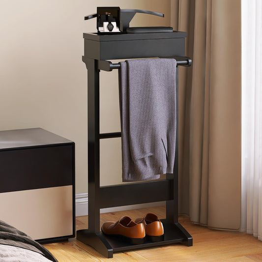 RELAHOGAR Clothes Valet Stand for Men, Wooden Mens Valet Stand with Tray Organizer, Shoe Shelf, Hanging Rod and Suit Rack, Freestanding Clothes Rack for Bedroom Entryway Office