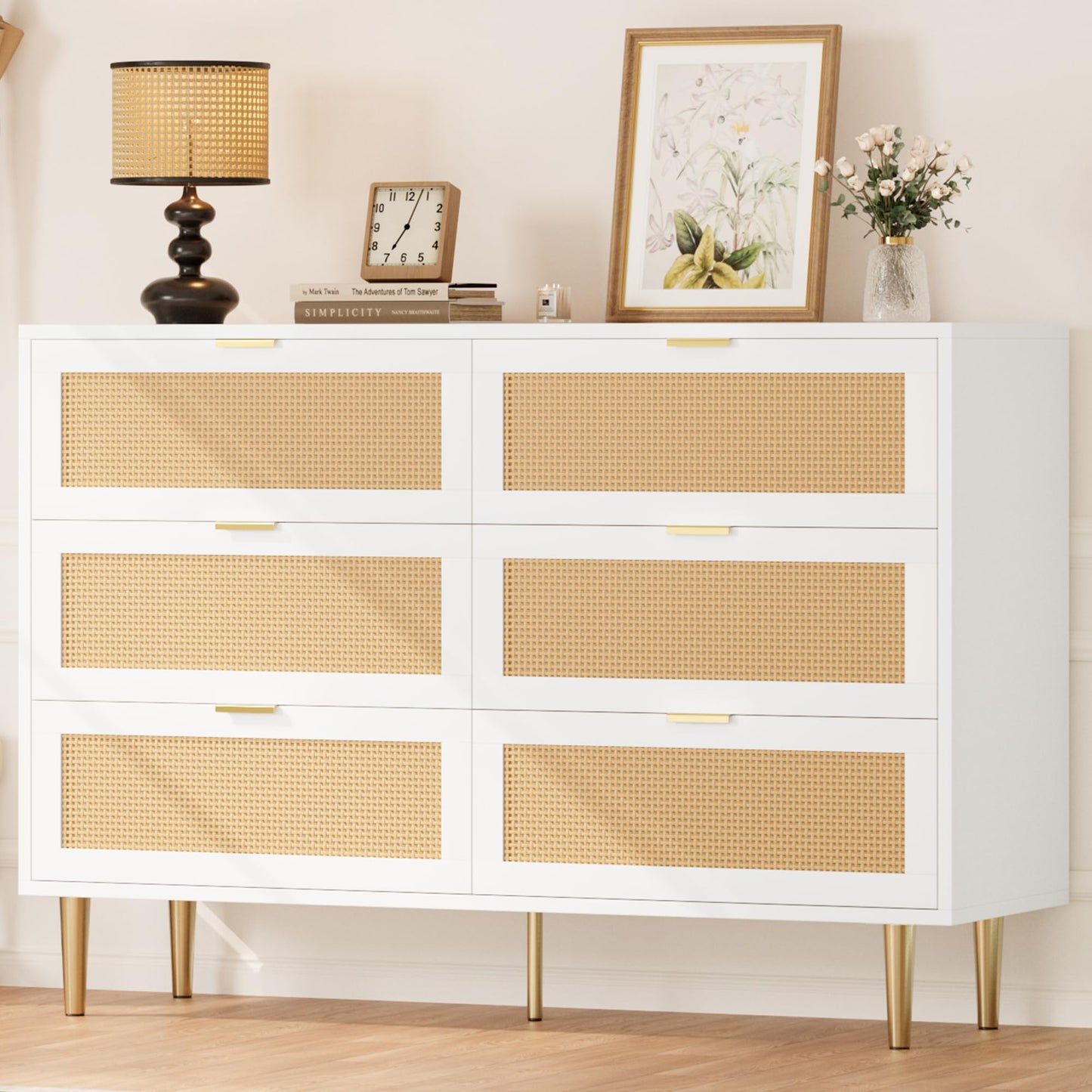Garvee Rattan 6 Drawer Dresser, 42.5''W Wood Dresser, Chest of Drawers with Gold Legs and Handles, Double Dressers with Large Tabletop and Anti-Tipping Design for Bedroom, White