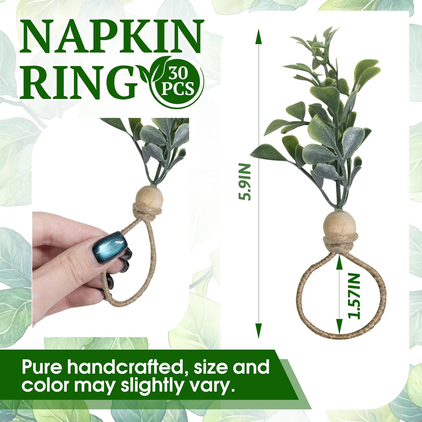 MAOANME Napkin Rings Set of 30, Rustic Eucalyptus Napkin Holder Rings with Wood Bead, Farmhouse Green Leaf Napkins Ring Bulk, Boho Napkins Ring for Wedding, Table Decor