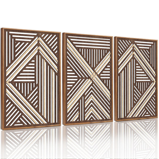CHDITB Boho Geometric Wood Wall Art(Set of 3, 16"x24"), Large Modern Wooden Panel Hollow Line Art Decor, Rustic Abstract Minimalist Wall Hanging Artwork for Bedroom Living Room Office