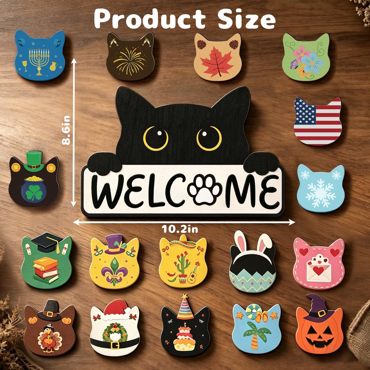 ZenDecor Cute Cat Interchangeable Welcome Home Sign for Front Door, Farmhouse Wooden Door Hanger with 18 Seasonal Icons, Porch, Entryway & Wall Decor, Housewarming Gift