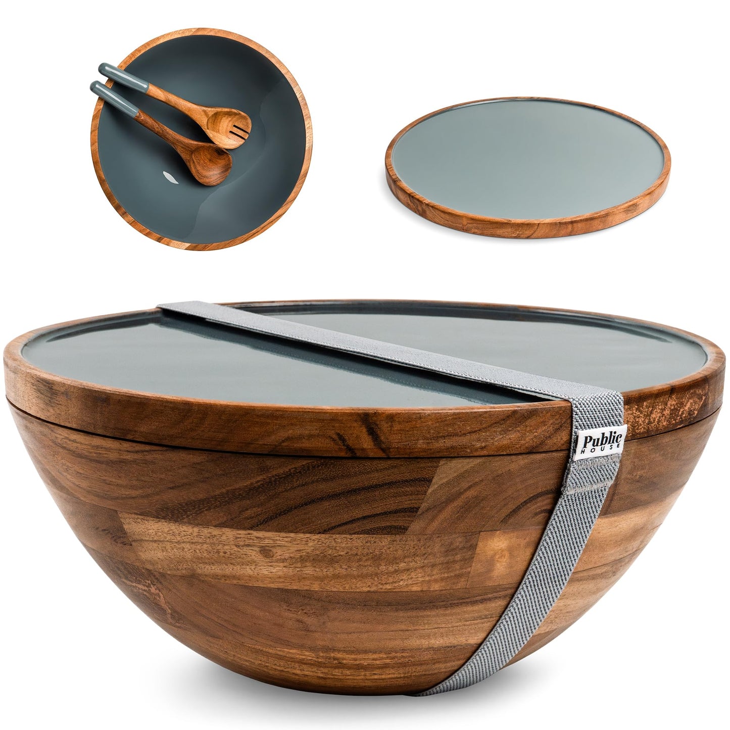 Large Wooden Salad Bowl Set 12.5 Inch with Serving Utensils, Tray Lid and Carry Strap. Acacia Wood Large Salad Bowls Ideal for Fruits and Dishes, Wooden Bowls for Food, Serving and Fruit Bowl