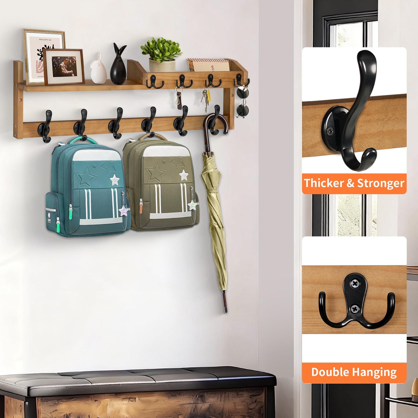 Coat Rack Wall Mount with Shelf, 27.5" Entryway Wall Hanging Shelf, Coat and Key Hanger with 10 Dual Hooks, Mail Organizer and Key Holder Hat Rack for Wall, Wood Coat Hooks with Storage