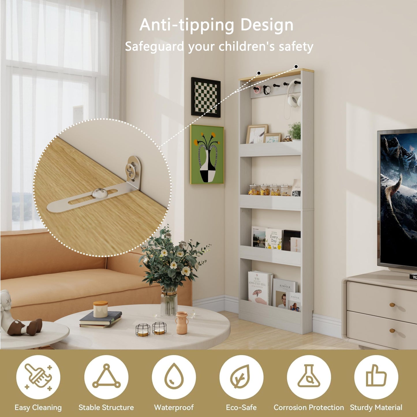 Locsear Behind the Door Bookshelf - Ultra Slim Hidden Storage Cabinet for Kids Room | 4-Tier White Wooden Bookcase with Hooks