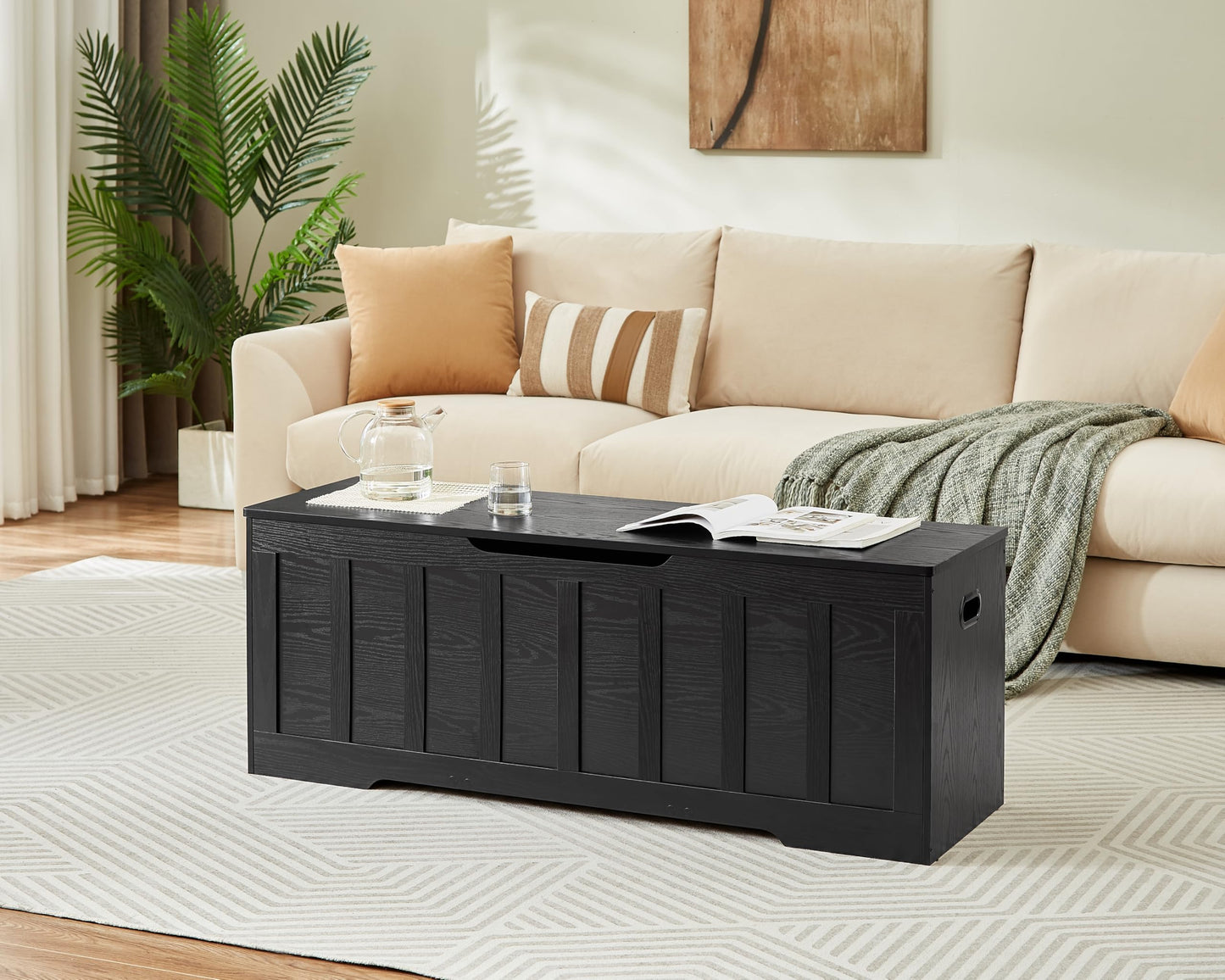 VANKILEY 51.2" Storage Chest Extra Large,Storage Bench with 2 Safety Hinges,Shoe Bench,51.2 * 15.7 * 19.1 inches,Wooden Trunk for Bedroom,livingroom,entryway,Supports 220 lb,Easy Assembly(Black).