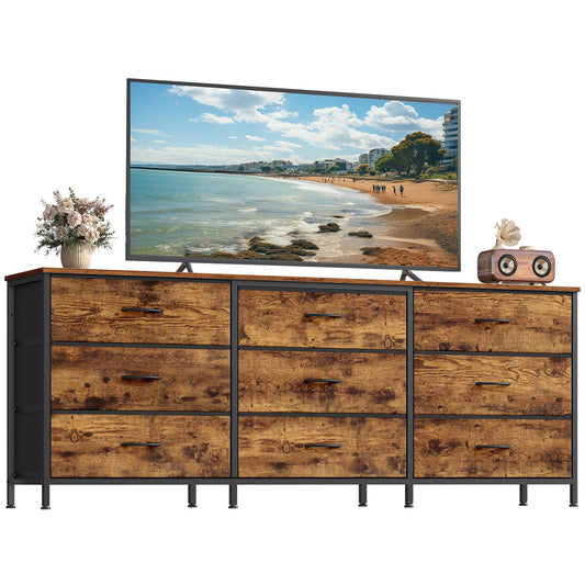 SONGMICS BELLAH Collection - Dresser for Bedroom, TV Stand for TVs Up to 70 Inches, Chest of Drawers for Living Room, Closet, Steel, 9 Drawers, Industrial, Rustic Brown and Ink Black ULGS233KD02S