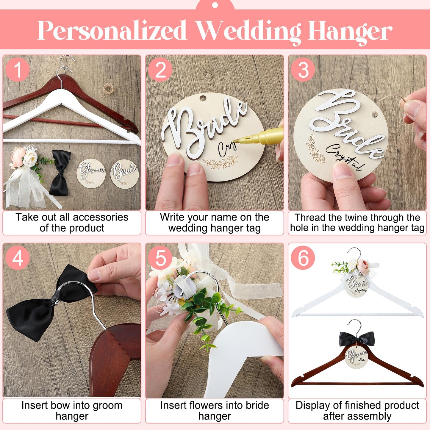 FillTouch 2 Pack Bride Hanger for Wedding Dress Elegant Bride Dress and Groom Tuxedo Suit Wooden Hanger with Bow Tie for Wedding Day Gift Supplies Bridal Party Shower(Pink)