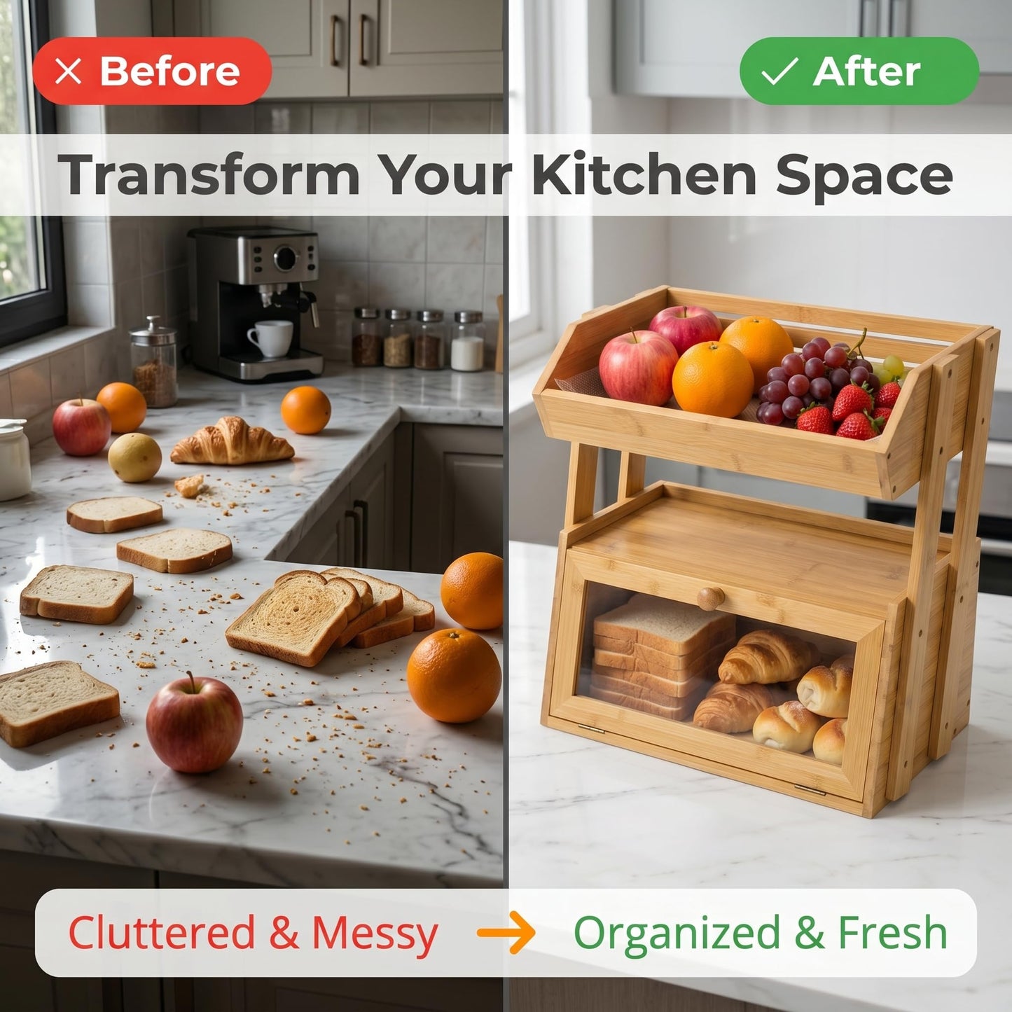 YanKiTour Bamboo Bread Box for Kitchen Countertop, 2 Tier Large Storage with Fruit Basket Top and Window, Farmhouse Organizer for Snacks & Vegetables